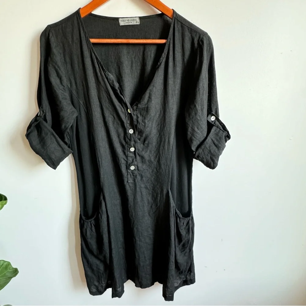 Terzo Millenio Black Linen Cotton Mini Dress Size M Made In Italy V Neck - Picture 2 of 8